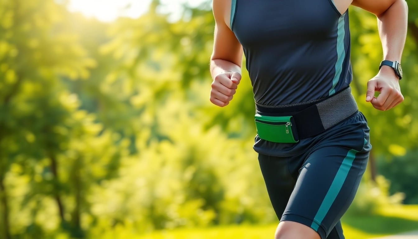 Runner demonstrating the no bounce running belt in action, showcasing its secure fit.