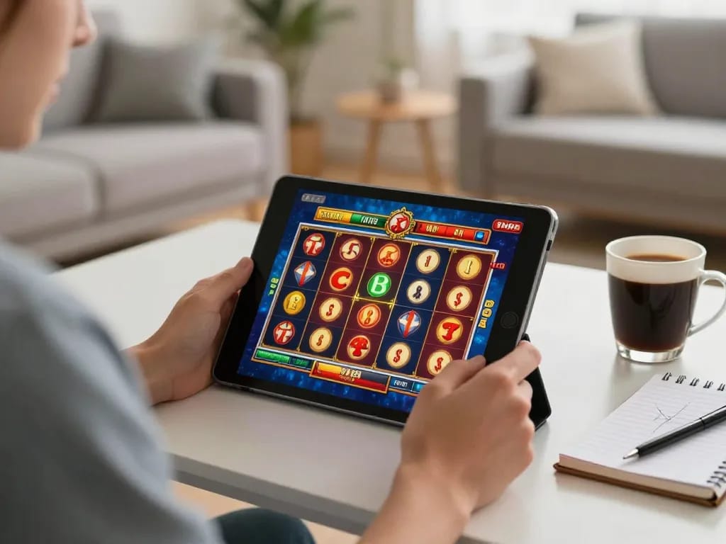 Player enjoying FAFA828 online slots game on a tablet in a cozy home environment, emphasizing responsible gaming.