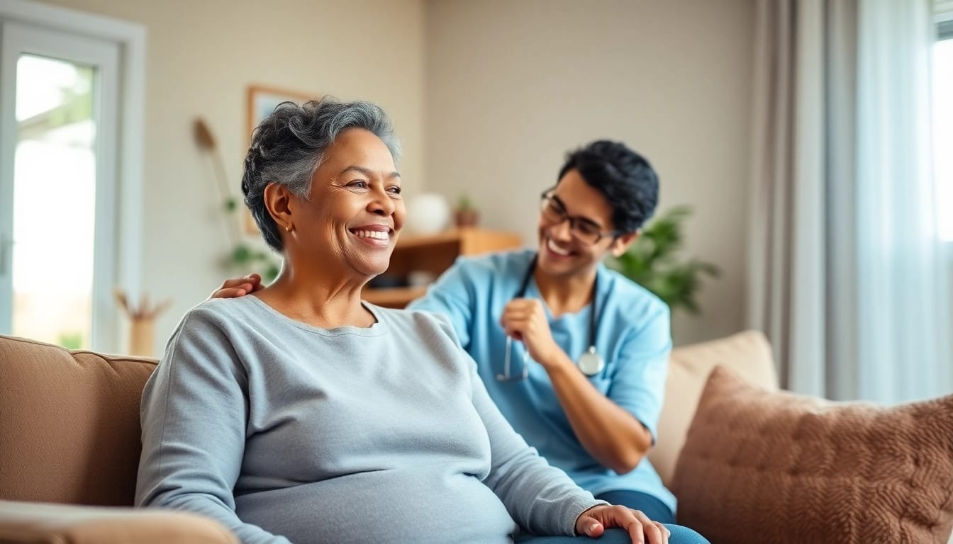 Providing compassionate at home health care services near me for elderly clients in a warm living room.