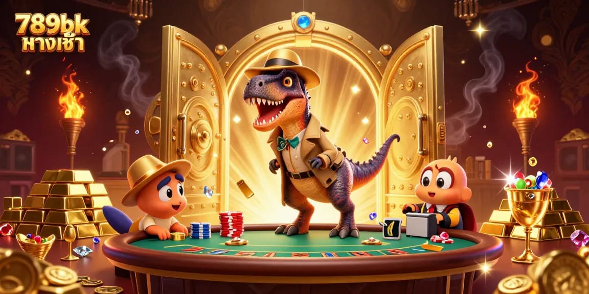 Experience thrilling gameplay at 789bk ทางเข้า with a clever velociraptor card counter in a lively blackjack scene.