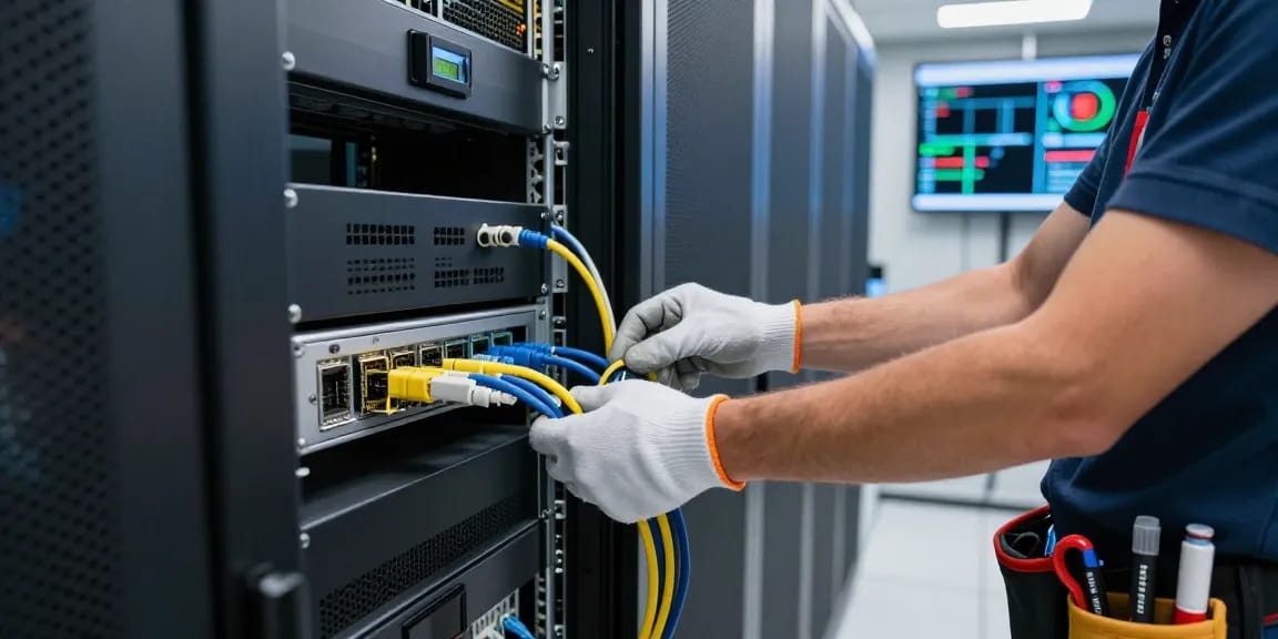 C19/C20 power cables connected by technician in high-capacity data center environment
