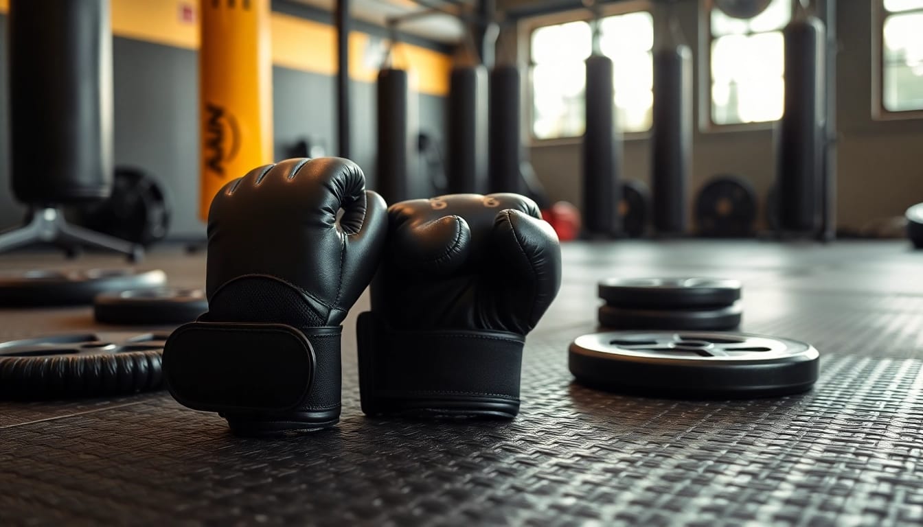 MMA gloves with unique textures and features, set against a dynamic gym scene.
