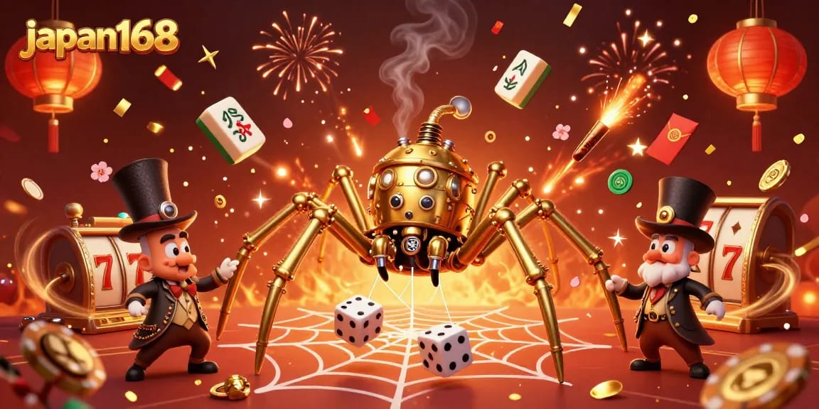 Experience thrilling wins with japan168 as a steampunk spider catches dice in a magical casino scene.