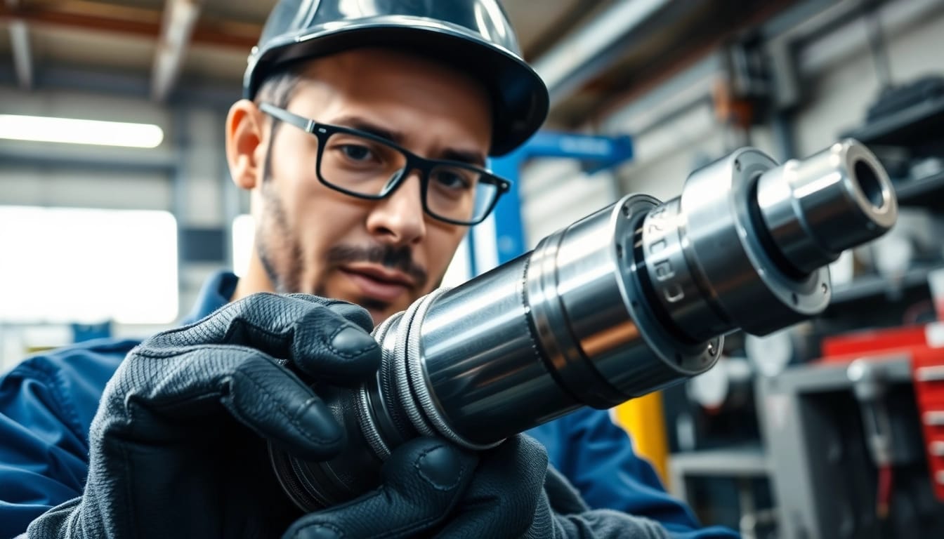 Detailed view of hydraulic cylinder repair work, showcasing a mechanic's precision and industrial tools.