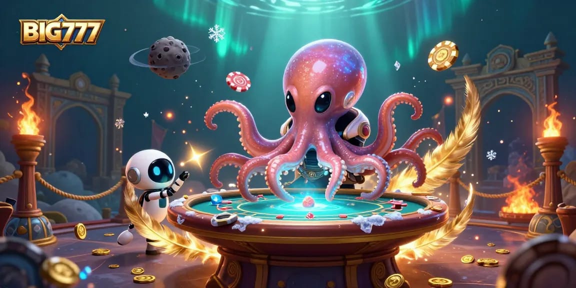 Menggambarkan BIG777 dengan alien gurita dari galaksi lain bermain poker holografis secara dinamis dan penuh warna.
