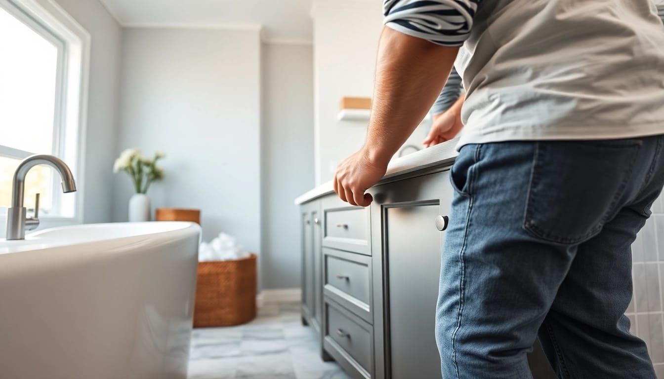 Bathroom remodeling contractors enhancing a modern space with expert craftsmanship and attention to detail.