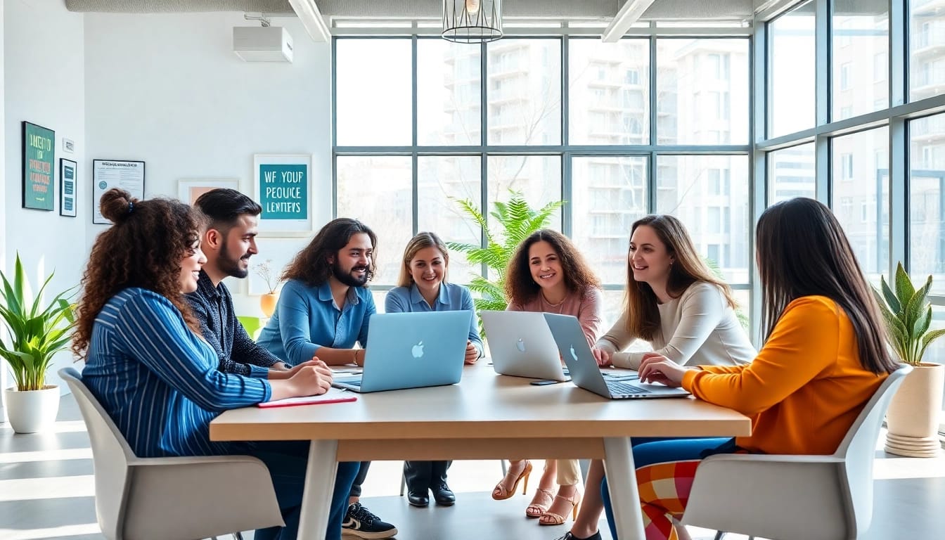 Hire remote salespeople seamlessly in a modern office with a diverse and engaged team.