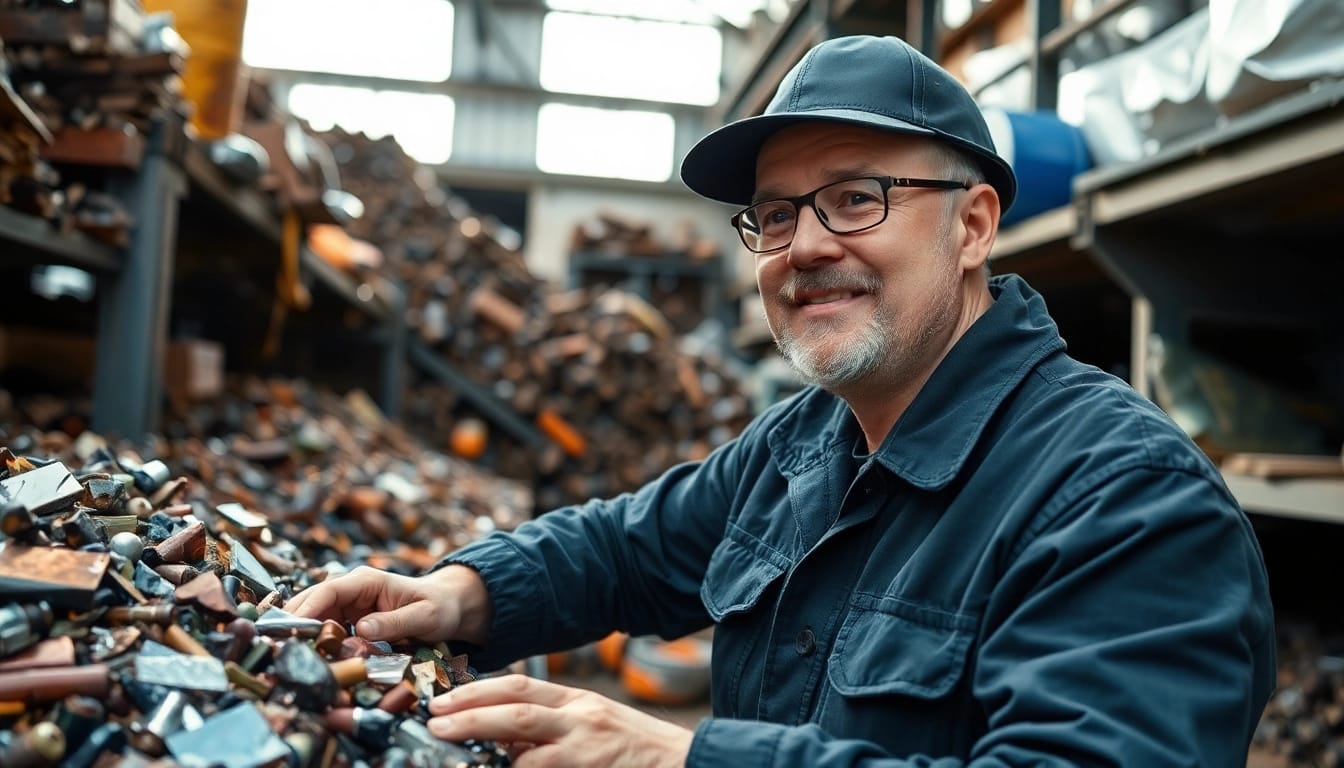 Schrotthändler Bottrop sortiert Altmetall auf einem Schrottplatz für effizientes Recycling.