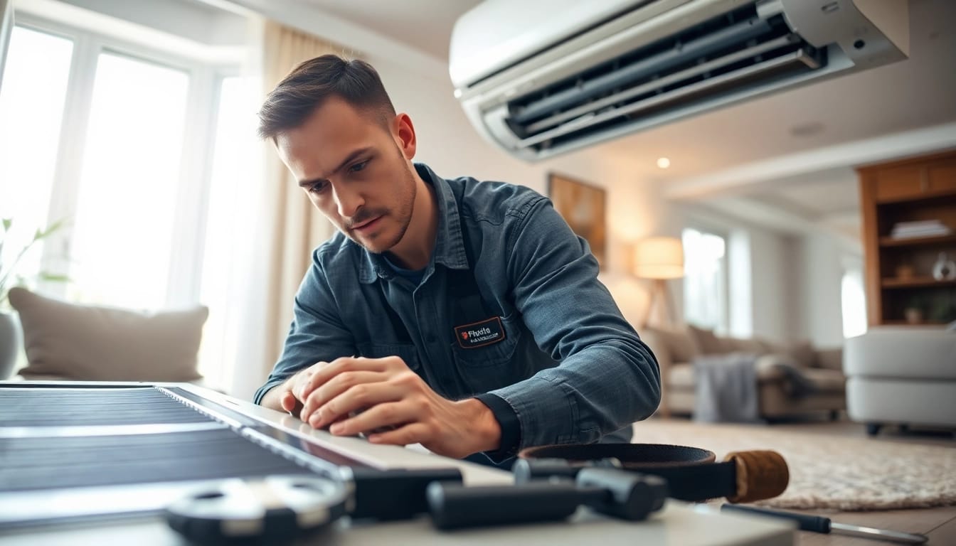 Expert HVAC Repair Tampa technician fixing an air conditioning unit in a modern living room.