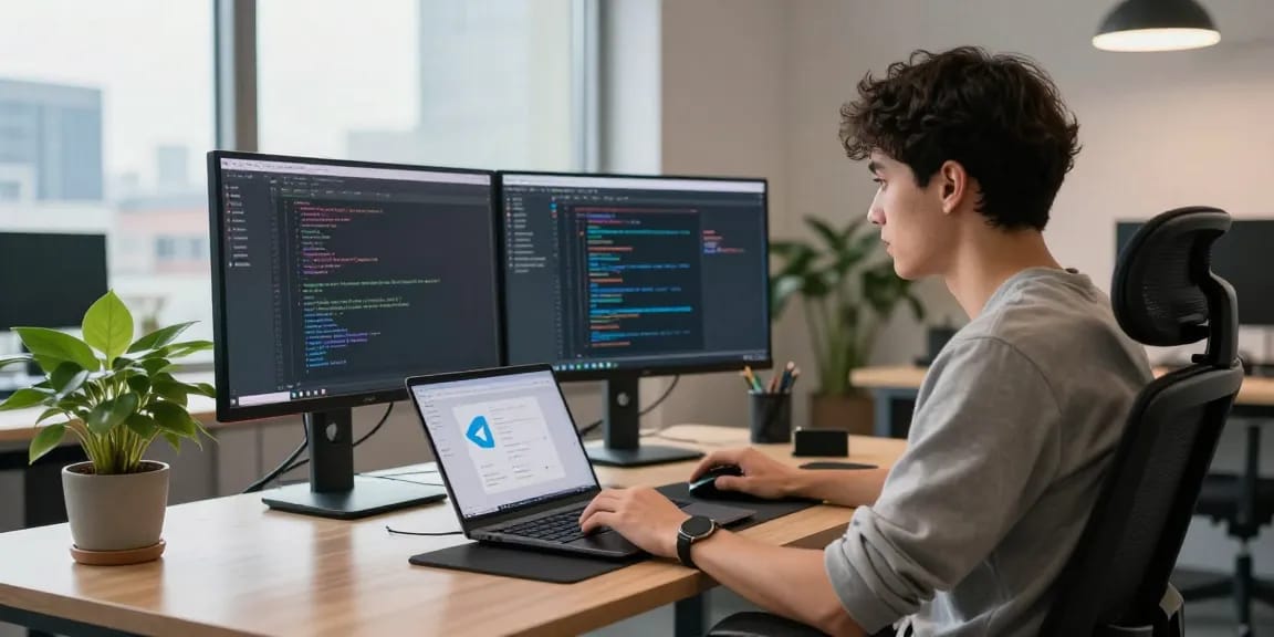 Developer using 纸飞机中文版 in modern workspace, dual monitors displaying code and messaging, vibrant office.
