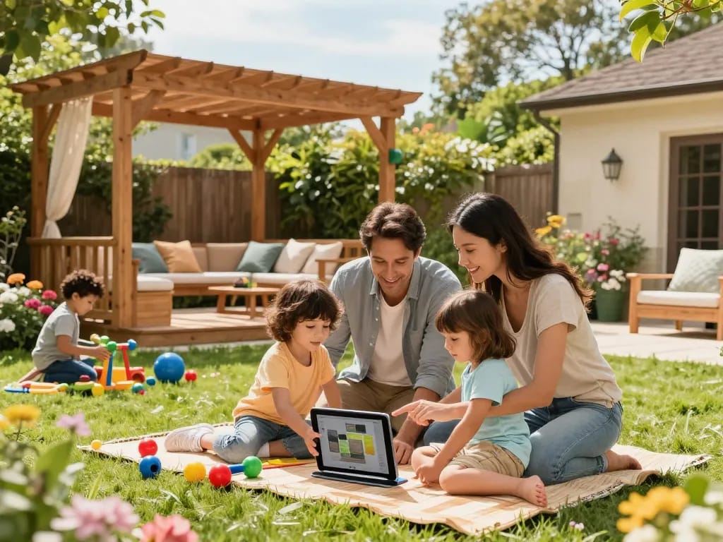 Family designing a custom configuratore 3D per pergole in their sunlit backyard, engaging in outdoor creativity.