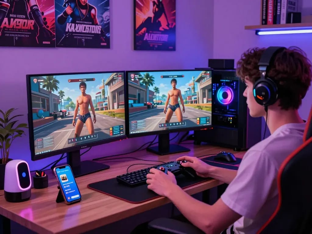 Player enjoying an engaging session of AI porn games with dual screens showcasing stunning 3D graphics, creating an immersive and vibrant gaming atmosphere.