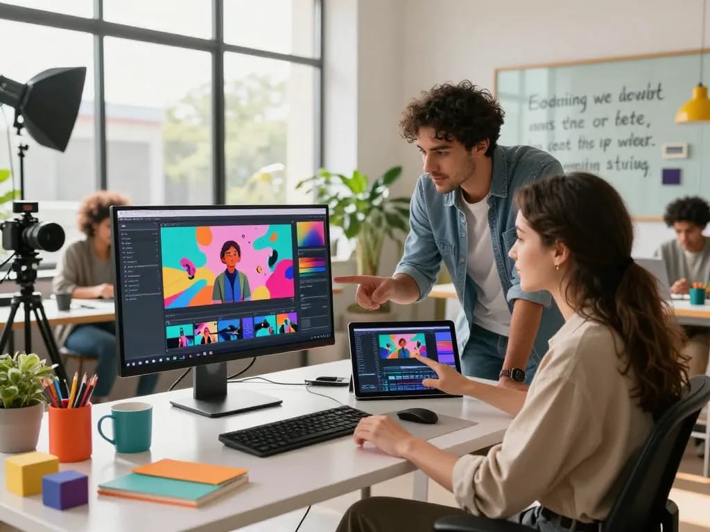Seedance 2.0 scene with creative professionals collaborating on AI video generation in a vibrant studio environment.