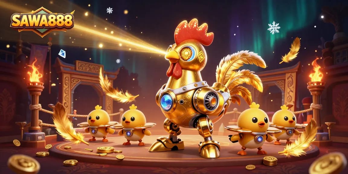 SAWA888 showcases a dynamic scene with a golden rooster robot and baby chick drones amidst dazzling casino elements.