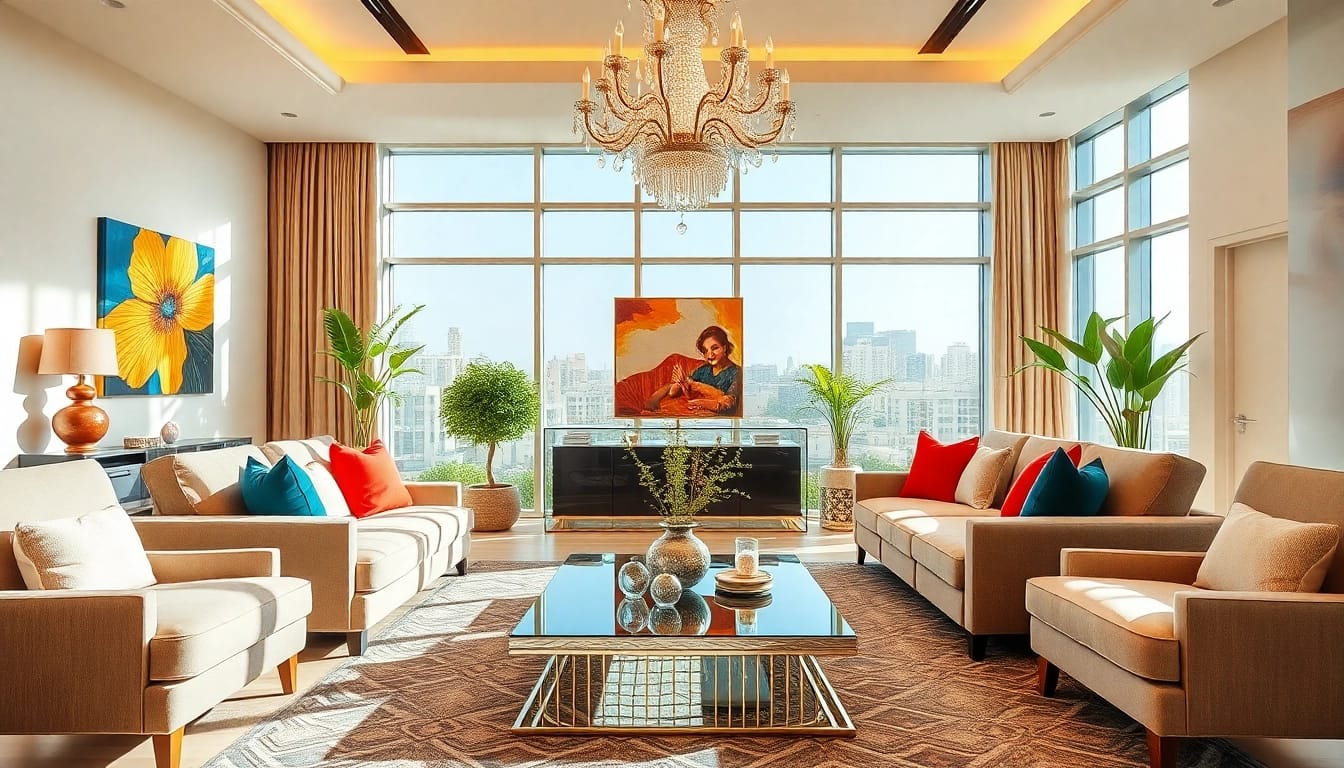 Showcase of interior design dubai featuring a vibrant and elegant living room setting with plush furniture.