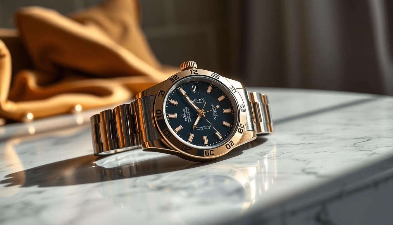 Showcase of a luxurious rolex replica watch emphasizing fine details.