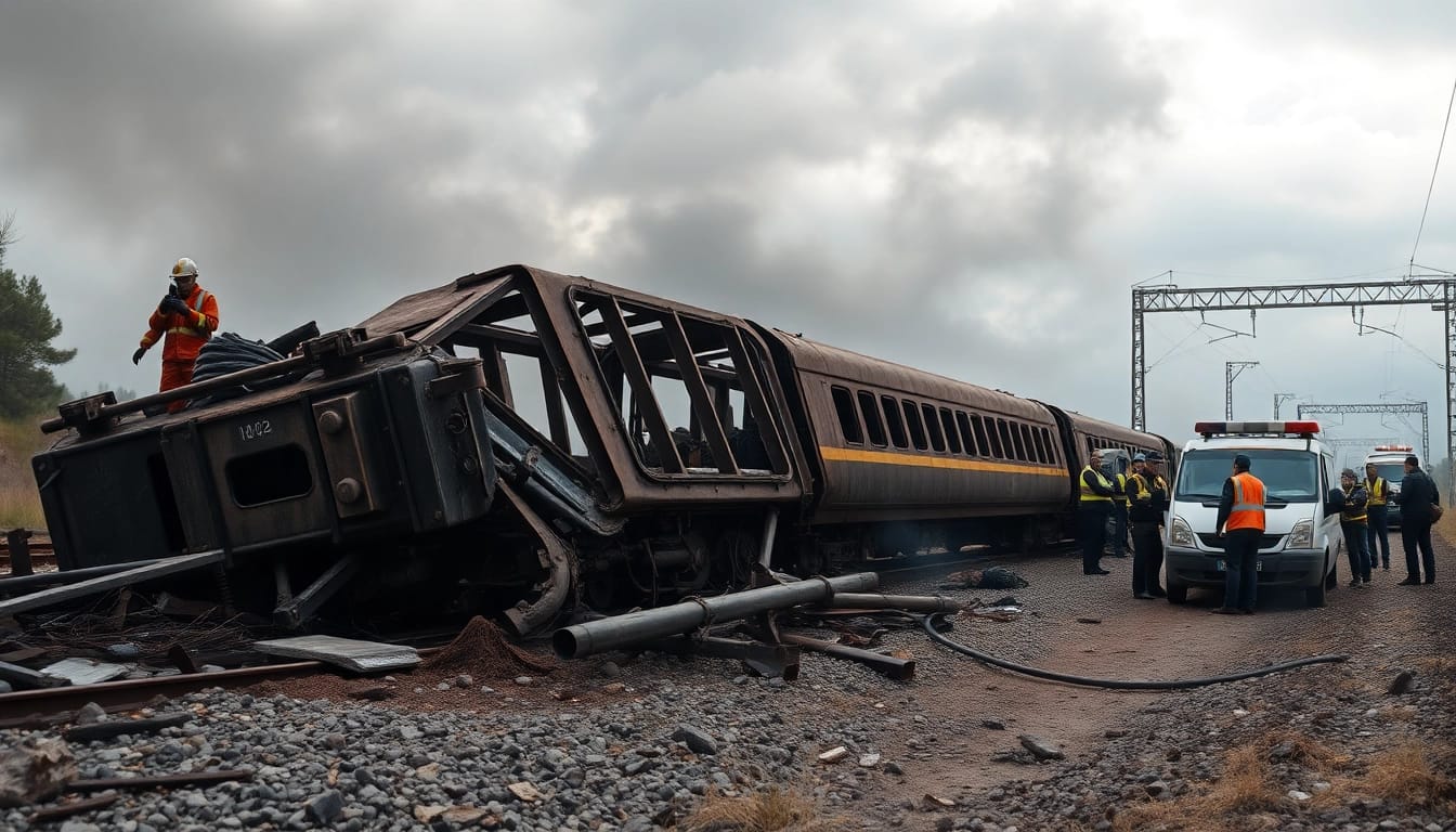 Spain train crash aftermath showing wreckage and rescue efforts on-site.
