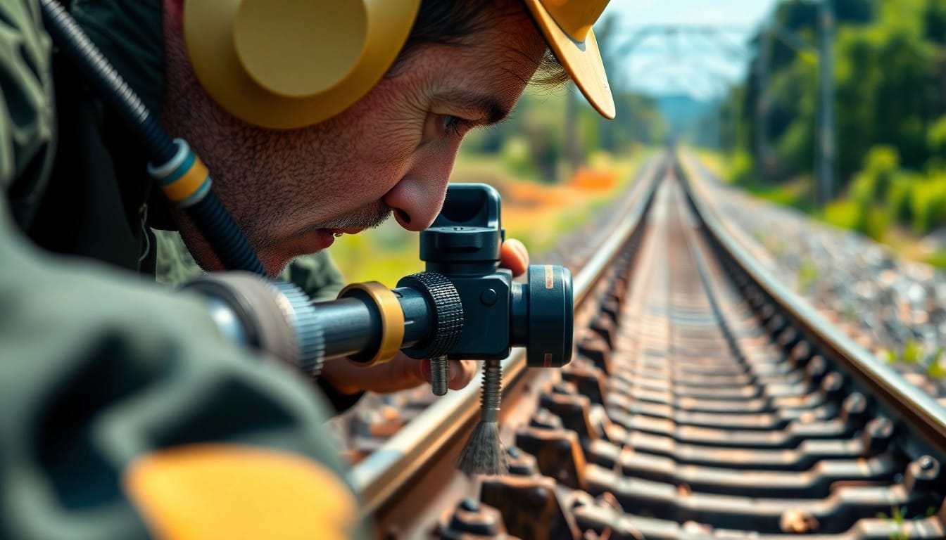 Track Inspection technician examining railway tracks with specialized tools.