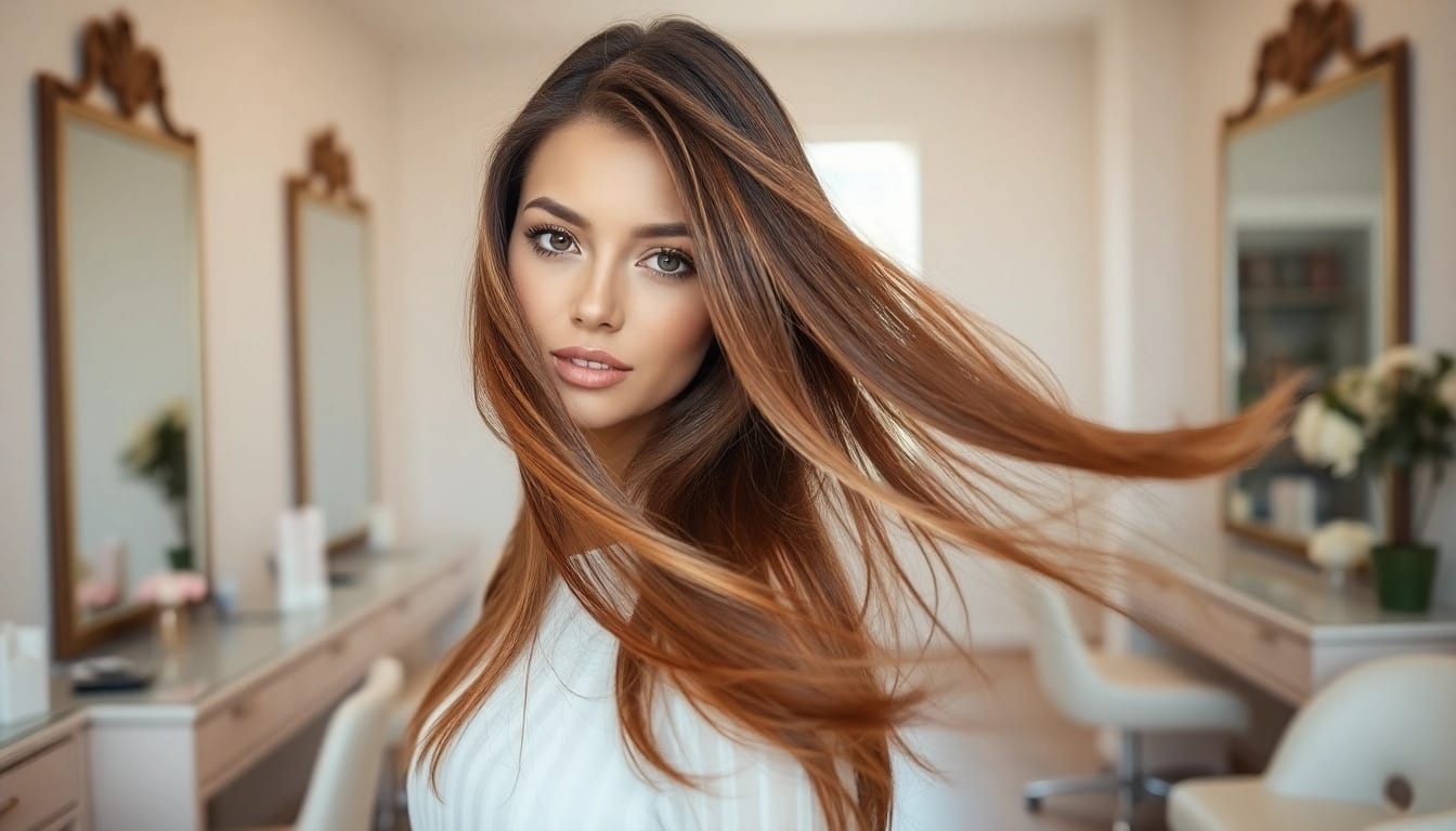 Model demonstrating invisi edge clip in hair extensions in a bright salon.
