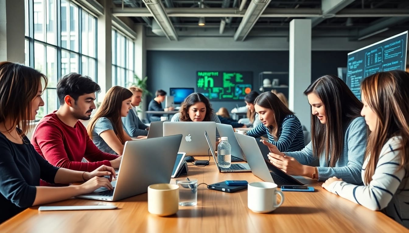Explore remote software development jobs with a productive team collaborating in a modern office.