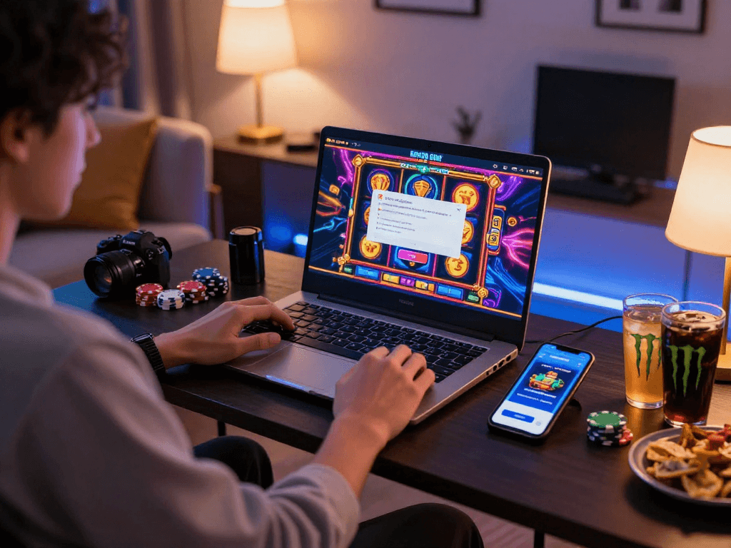 Engaging online gaming setup featuring bro138 slot login link alternatif on laptop screen with colorful gaming elements.