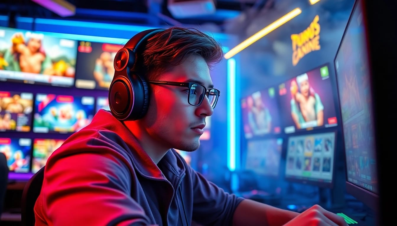 Engaged gamer in a dynamic gaming room, showcasing excitement on https://whycazino.com.