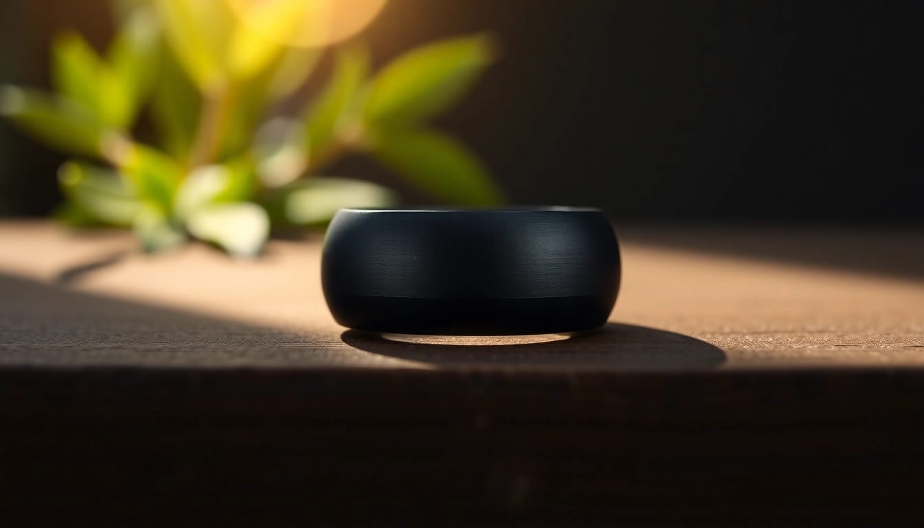 Showcase of Black Zirconium Rings highlighting texture and elegance on a dark wooden surface.