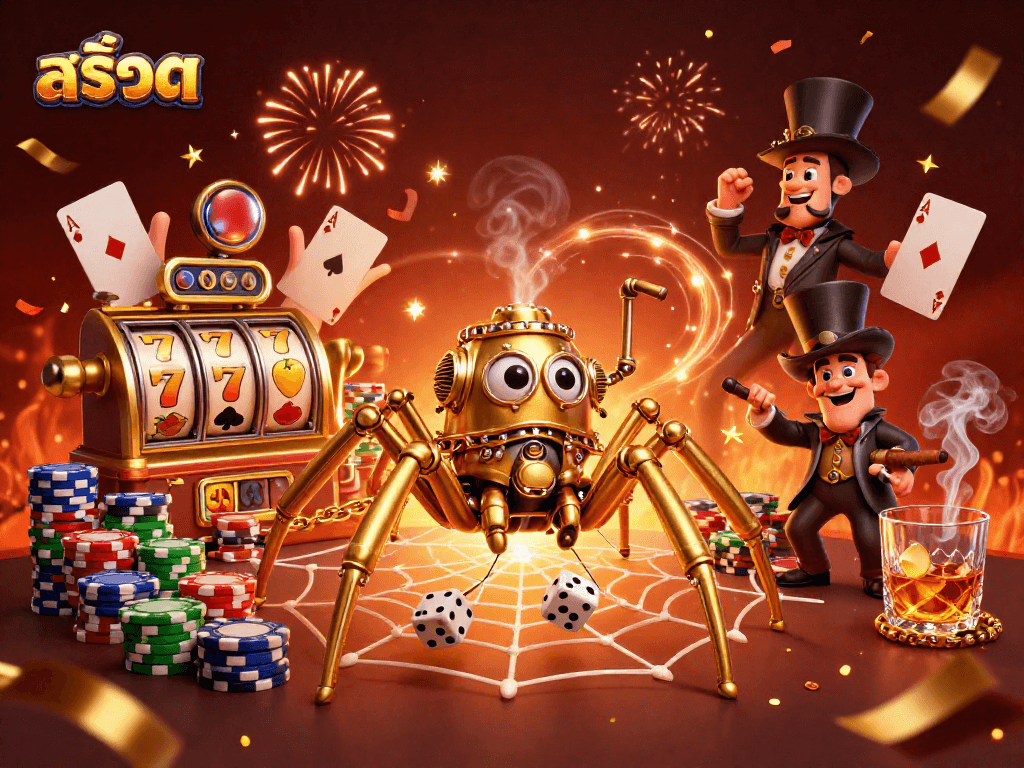 Play exciting สล็อต games with the golden spider in a vibrant, dynamic casino scene.