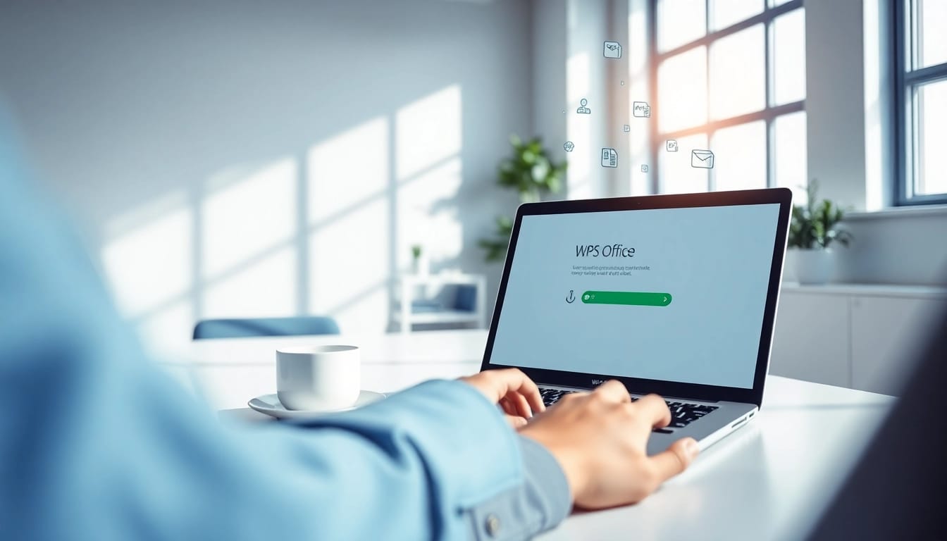 WPS下载 in a modern workspace with a person downloading WPS Office on a laptop.