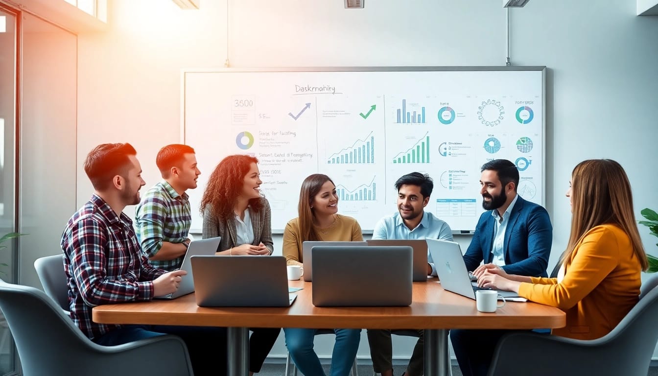 Zespół marketingowy pracuje nad strategią SEO rankingo w nowoczesnym biurze.