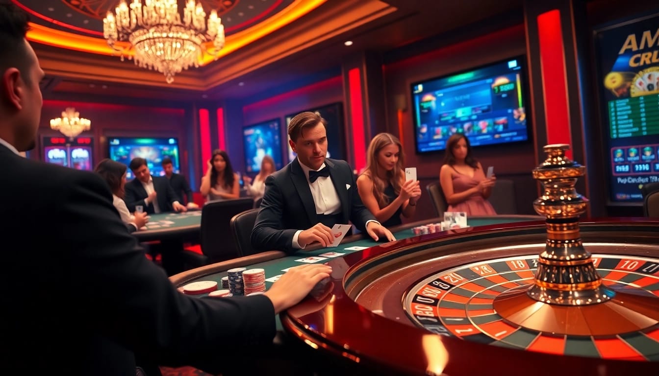 Experience the thrill of game 98win at a luxurious casino with poker chips and engaging players.