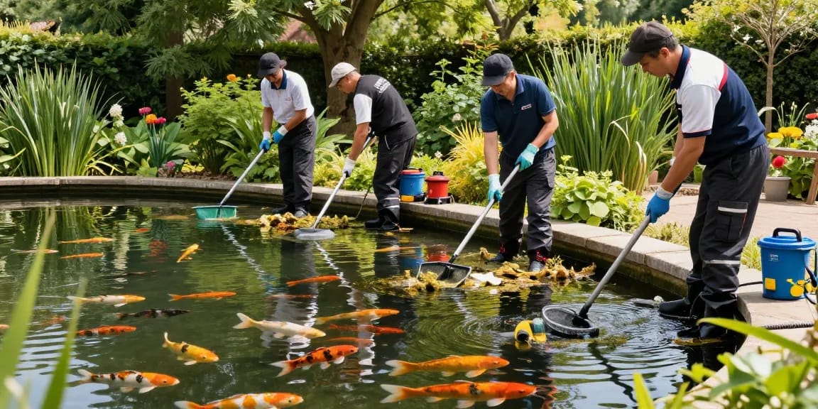 Professional pond cleaning Sussex services in action, showcasing a dedicated team removing debris and maintaining water quality in a serene outdoor setting.