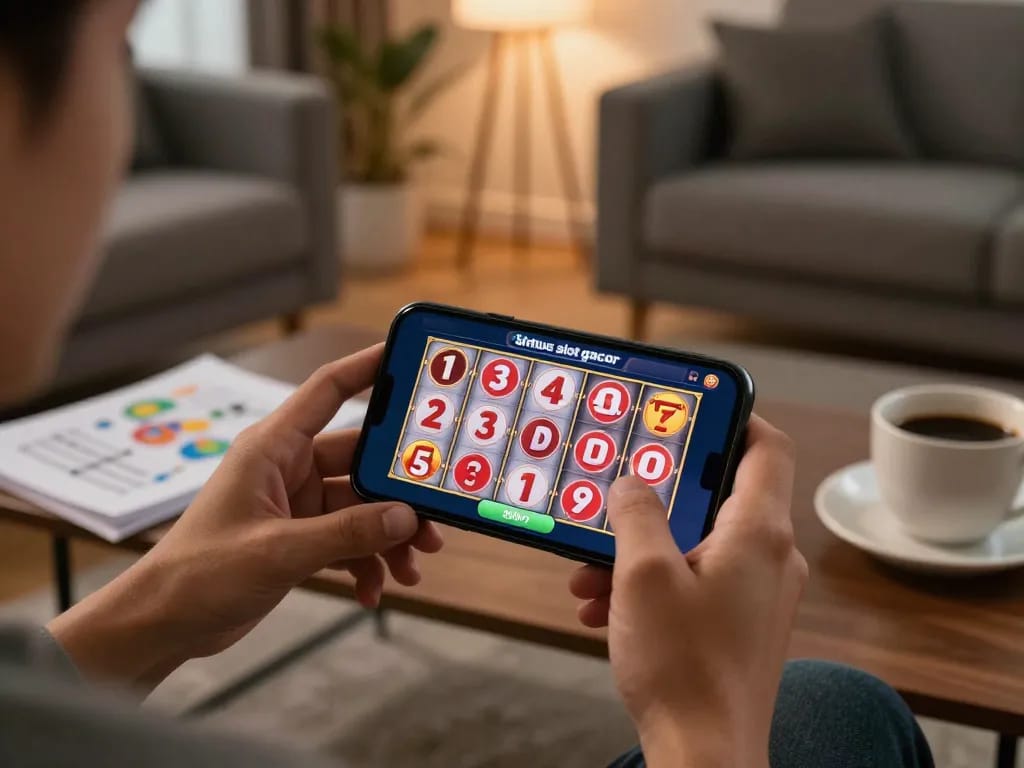 Engaging with situs slot gacor on a smartphone while strategizing in a cozy environment