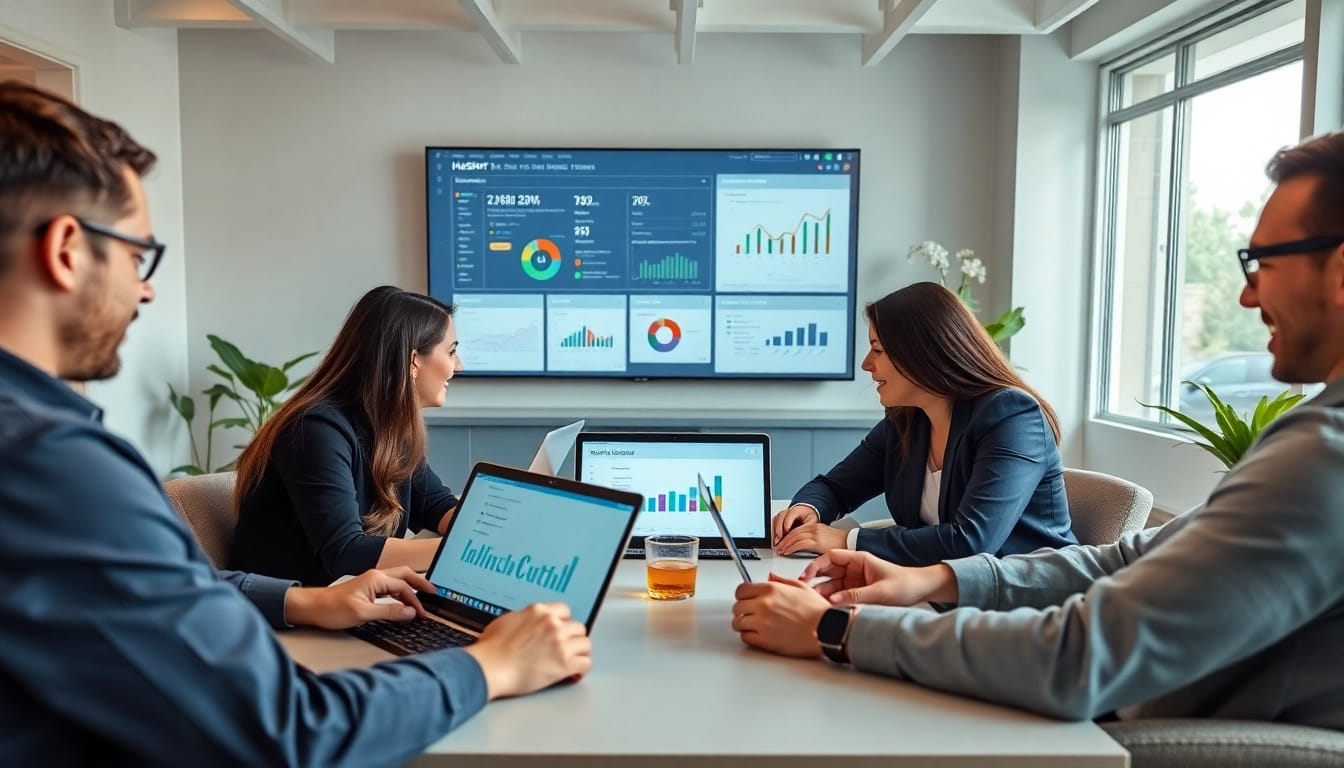 Team using hubspot crm free in a vibrant office environment, focusing on collaboration and data analysis.