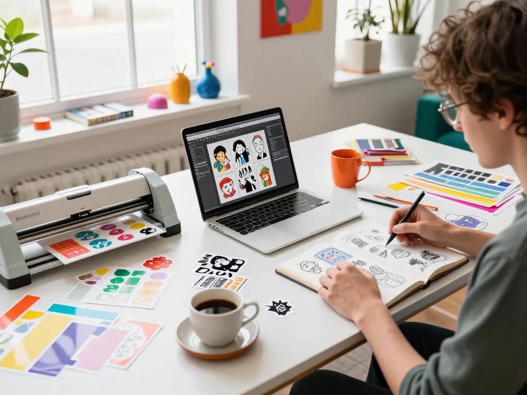 Custom stickers artistically designed with vibrant colors at a creative workspace.