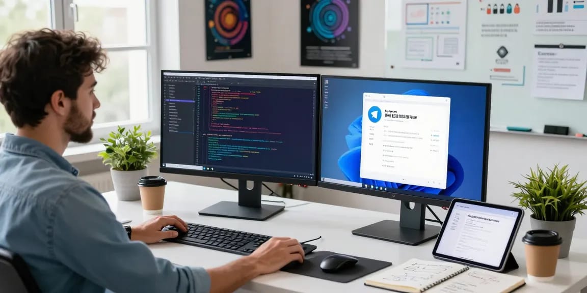 Developer working on Telegram中文版 in a modern office