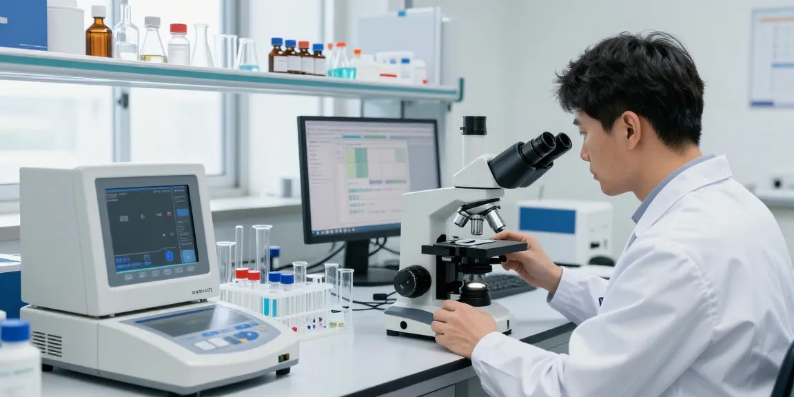 Researcher analyzing premium research peptides in a high-tech laboratory setting.