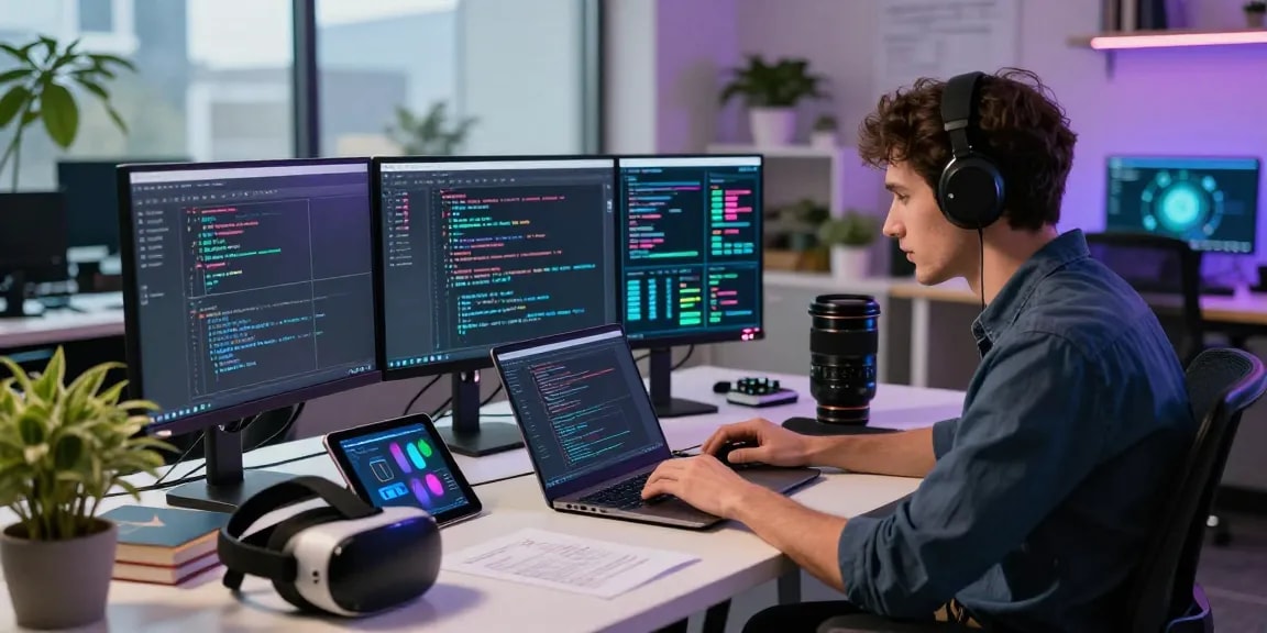 Engineer coding cika4d innovations in a modern workspace filled with tech gadgets