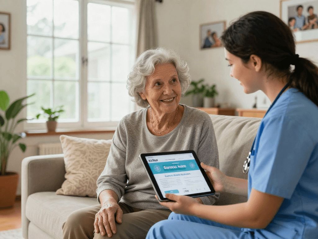 Caregiver and elderly woman sharing warmth and support highlighting bonus new member services for home care.