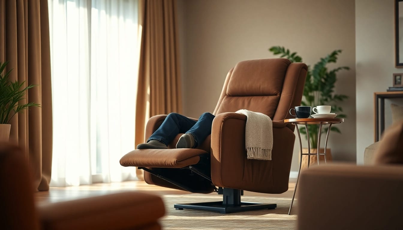 Lift chair for tall man in a cozy living room with soft lighting and warm tones.