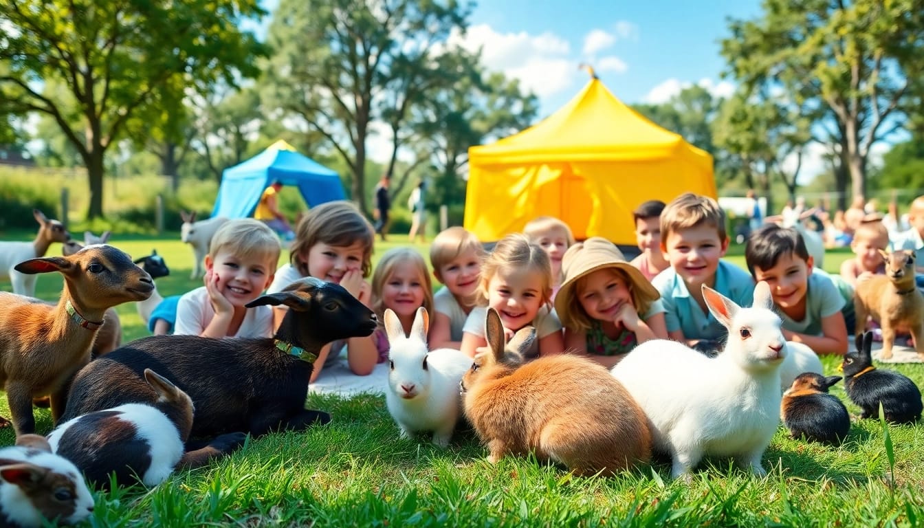 Kids enjoying enriching animal summer camps for kids, smiling and bonding with various animals.