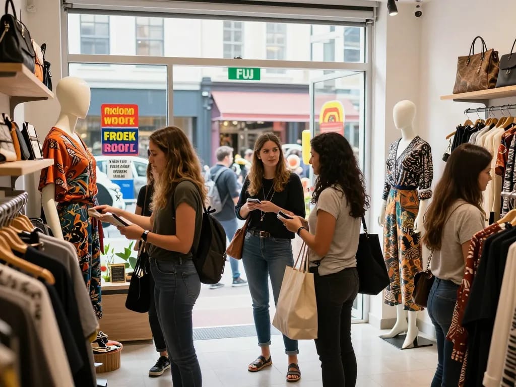 Shoppers exploring quality 레플리카 쇼핑몰 products in a stylish boutique.