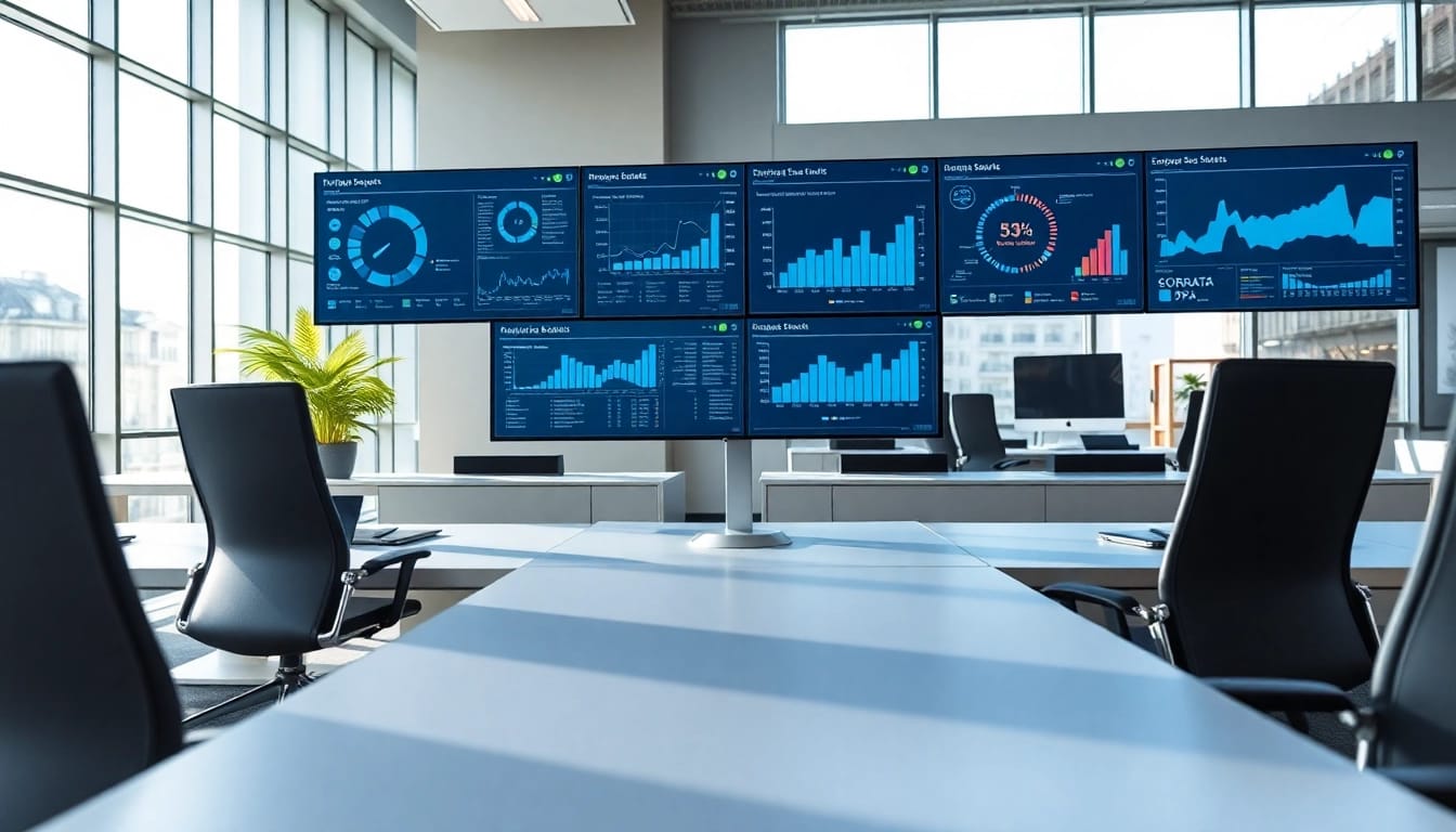 Illustration of enterprise search tools dashboard, showcasing data analysis in a modern office.