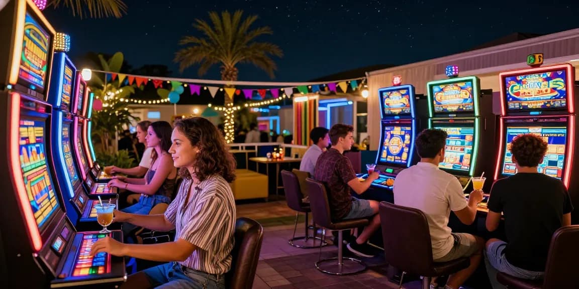 Friends enjoying exciting slot machines at an outdoor casino event.
