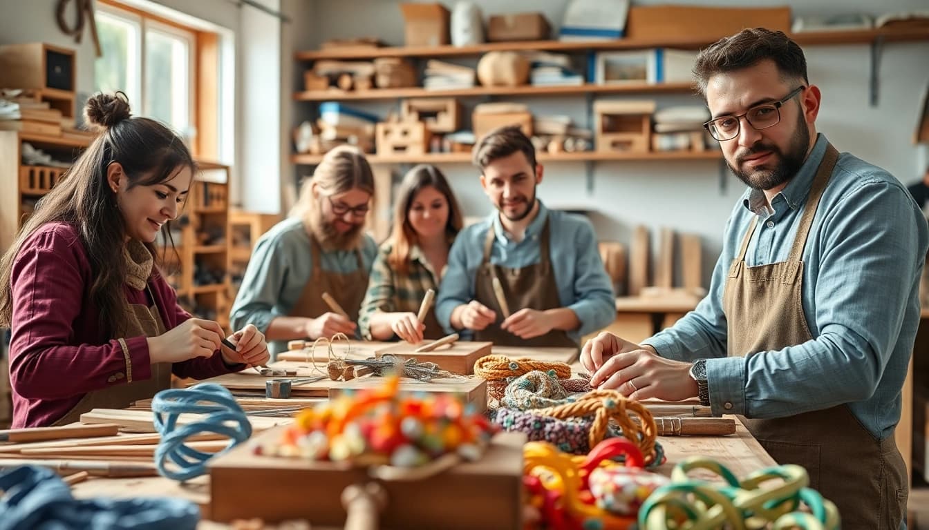 Engaging artisans in craft training programs, showcasing their skills in a bright workshop.