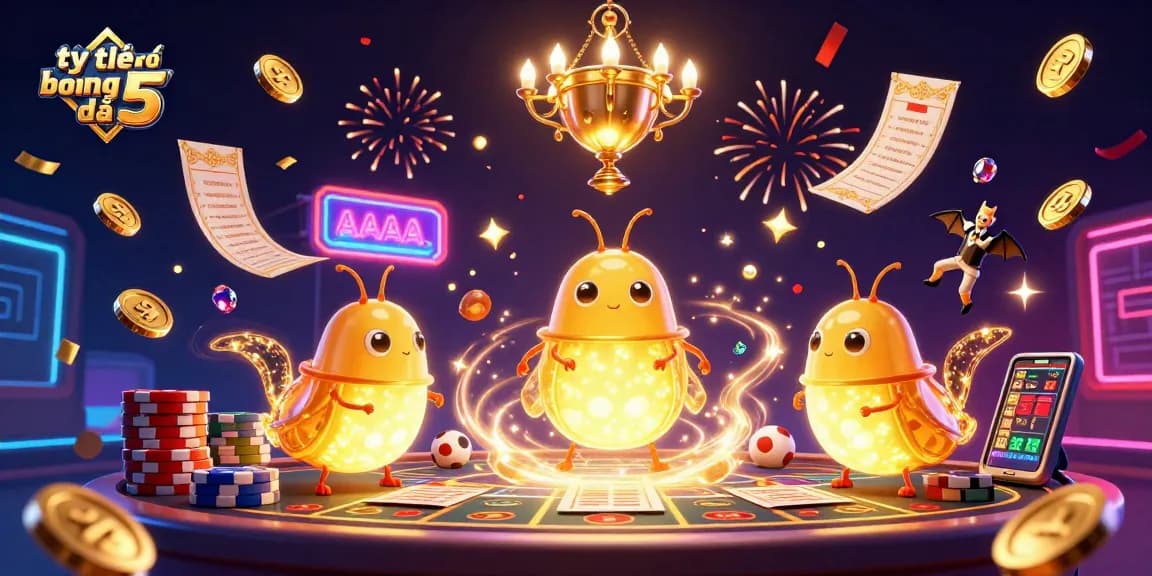 Engaging illustration showcasing tỷ lệ bóng đá 5 with glowworms illuminating a sports betting scene, featuring vibrant game elements and betting excitement.