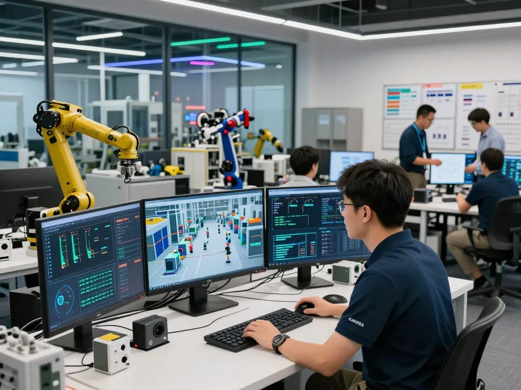 Engineer analyzing Siemens technologies in a modern workspace filled with IoT devices and automation displays.