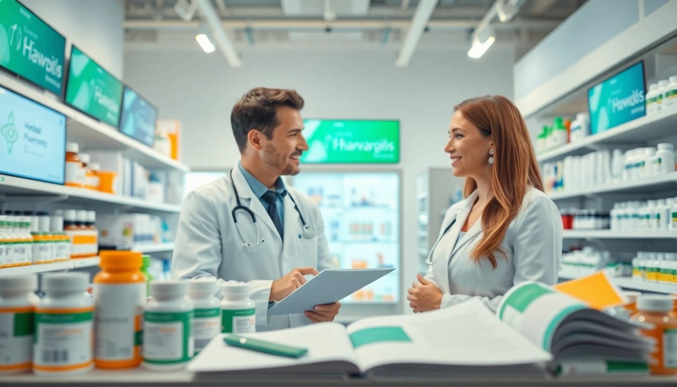 Consultation at MediClick Pharmacy involving a pharmacist and customer in a bright, modern setting.