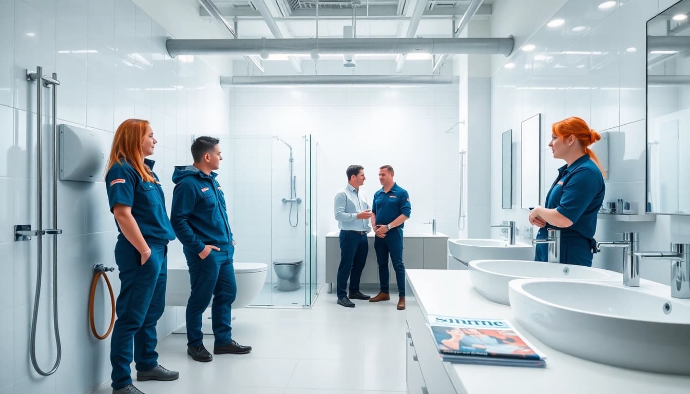 Erfahrene Fachleute von sonni sanitär GmbH präsentieren innovative Sanitärlösungen in einem modernen Badezimmer.