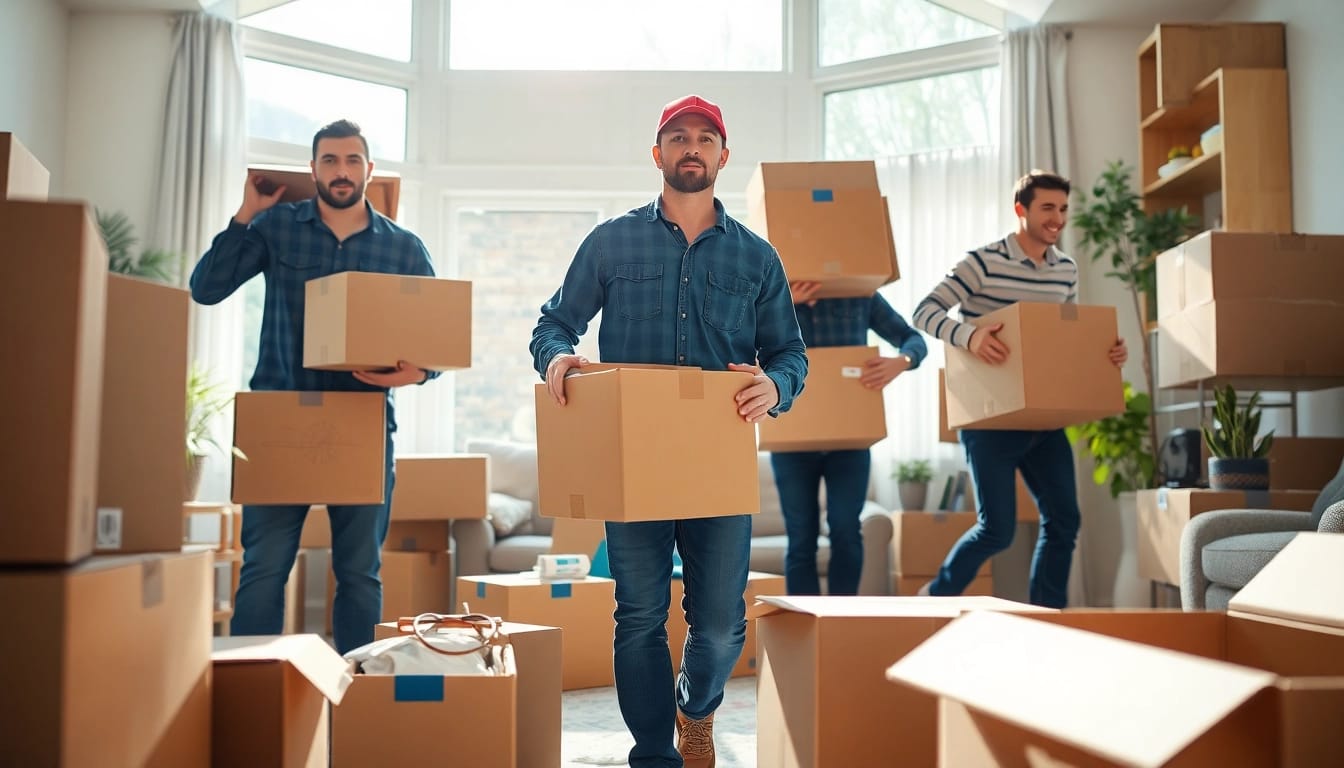 Moving companies calgary professionals packing and carrying boxes during relocation